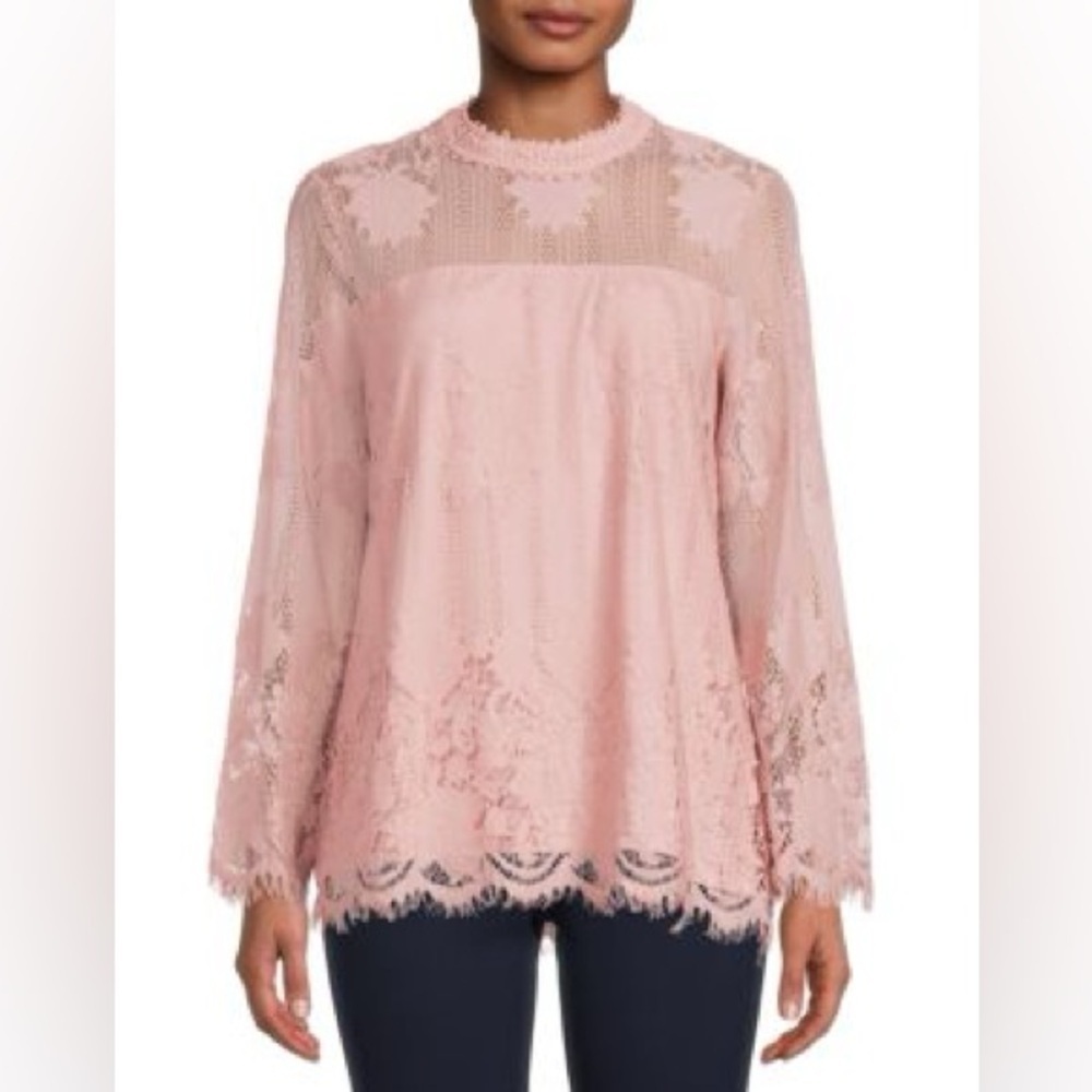 Ultra Pink long sleeve high neck lace pink top size medium lined